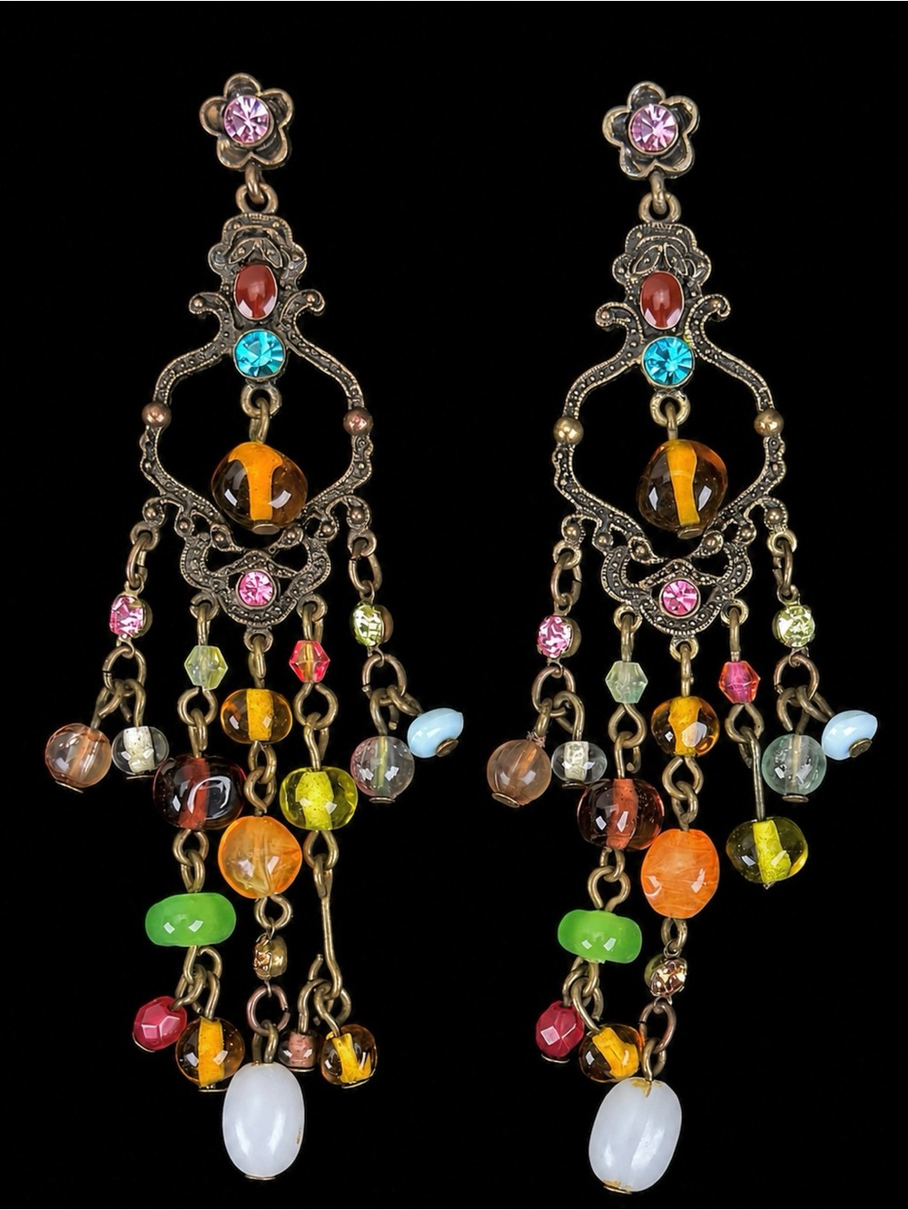 Vintage Multicolor Beaded Chandelier Pierced Earrings Ornate Boho Statement